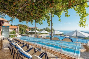 A poolside area with a long table and chairs, umbrellas, and a view of the sea. - Villa Zoranna with Pool (Budva)