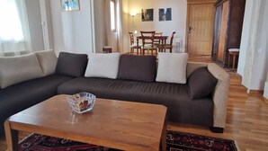 A living room with a dark brown sofa, a wooden coffee table, and a patterned rug. - Villa Rustica Mediteranea (Budva)