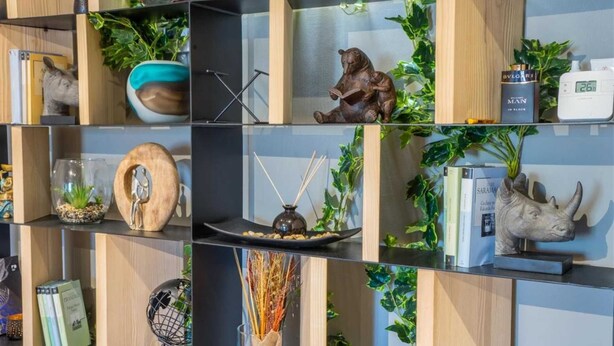 A modern interior with wooden shelves displaying various decorative items, including a globe, a bear sculpture, and a rhinoceros head. - Authentic Mountainside Villa Lusso (Zabljak)