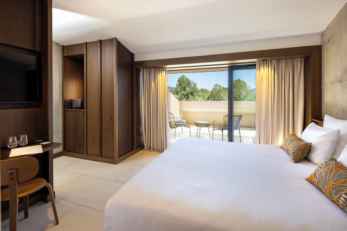 A hotel room with a bed, a desk with a chair, a TV, and a balcony with a view.