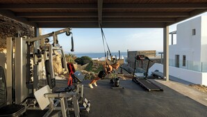 A gym with exercise equipment and a treadmill, overlooking a coastal landscape.