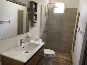Dusche, kostenlose Toilettenartikel, Haartrockner, Handtücher