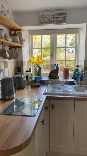 A kitchen with a window, a sink, a toaster, a kettle, and a cabinet.
