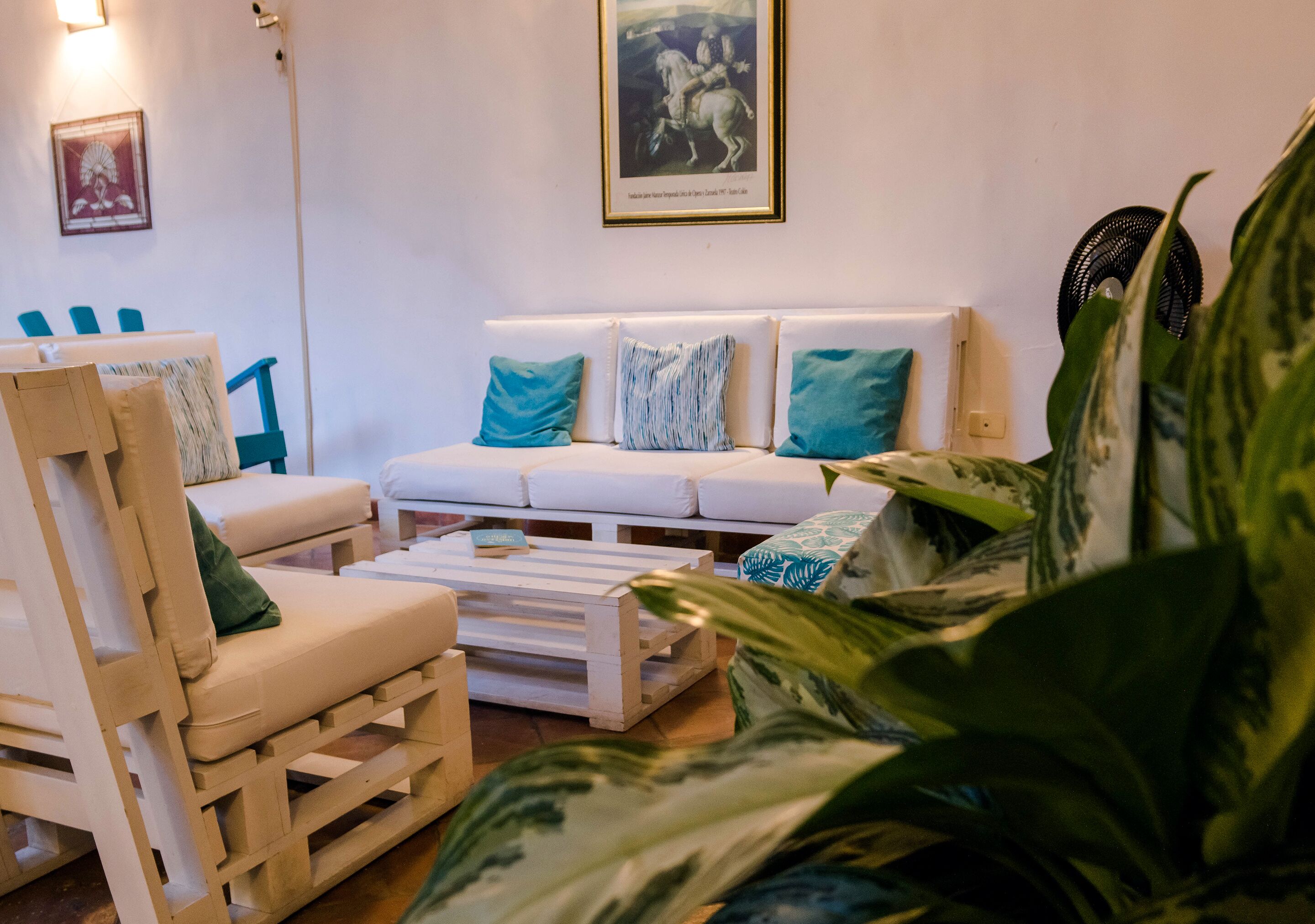 A cozy living room with a white sofa, wooden coffee table, and a chair. There are large green plants in the foreground.