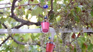 A red bucket hanging from a tree branch with blue and white decorative items. - Pasha Hotel (Fethiye)