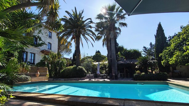Une piscine dotée d’une terrasse carrelée, entourée de palmiers et bordée d’un bâtiment à la façade blanche.