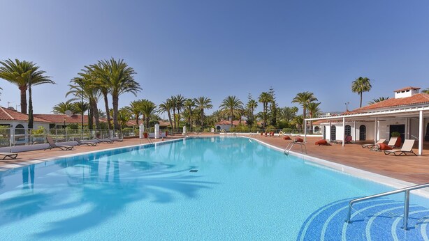 A clear blue swimming pool with lounge chairs and palm trees in the background.