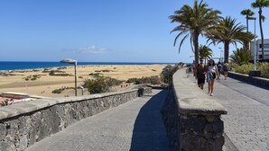 A stone pathway leading to a beach with palm trees and a clear blue sky.