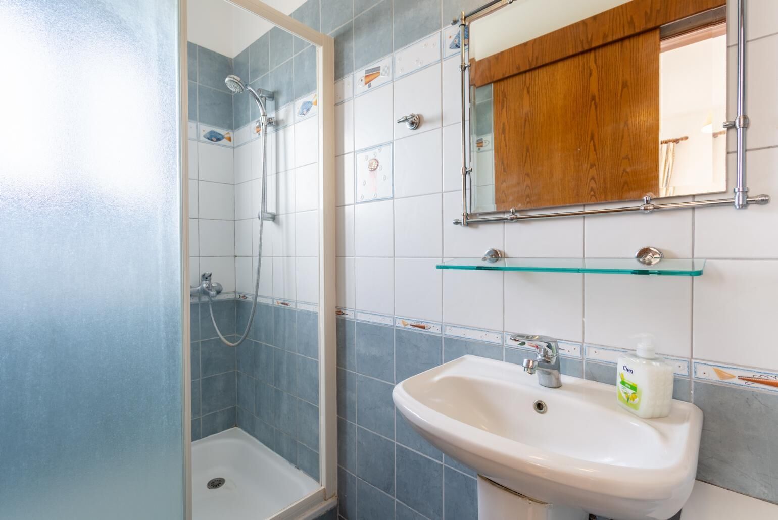 Een badkamer met een douche, een wastafel en een spiegel.