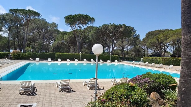 A rectangular swimming pool with white lounge chairs arranged around it.