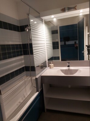 Bathtub, hair dryer, soap, toilet paper