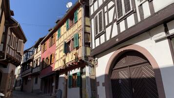 Une ruelle étroite pavée, bordée de bâtiments traditionnels à colombages, avec un mélange de volets ouverts et fermés, et une grande porte en bois en arc de cercle sur le côté droit.