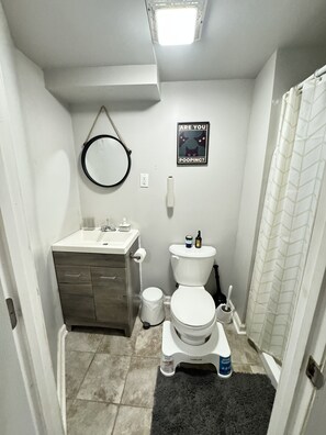 A compact bathroom with a toilet, sink, and mirror. There's a toilet paper holder, a trash bin, and a shower curtain. - Executive Apartment at Uplands (Baltimore)