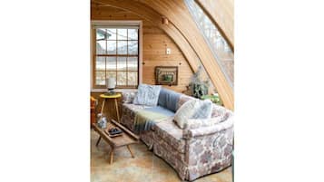 Smart TV, fireplace, books, stereo