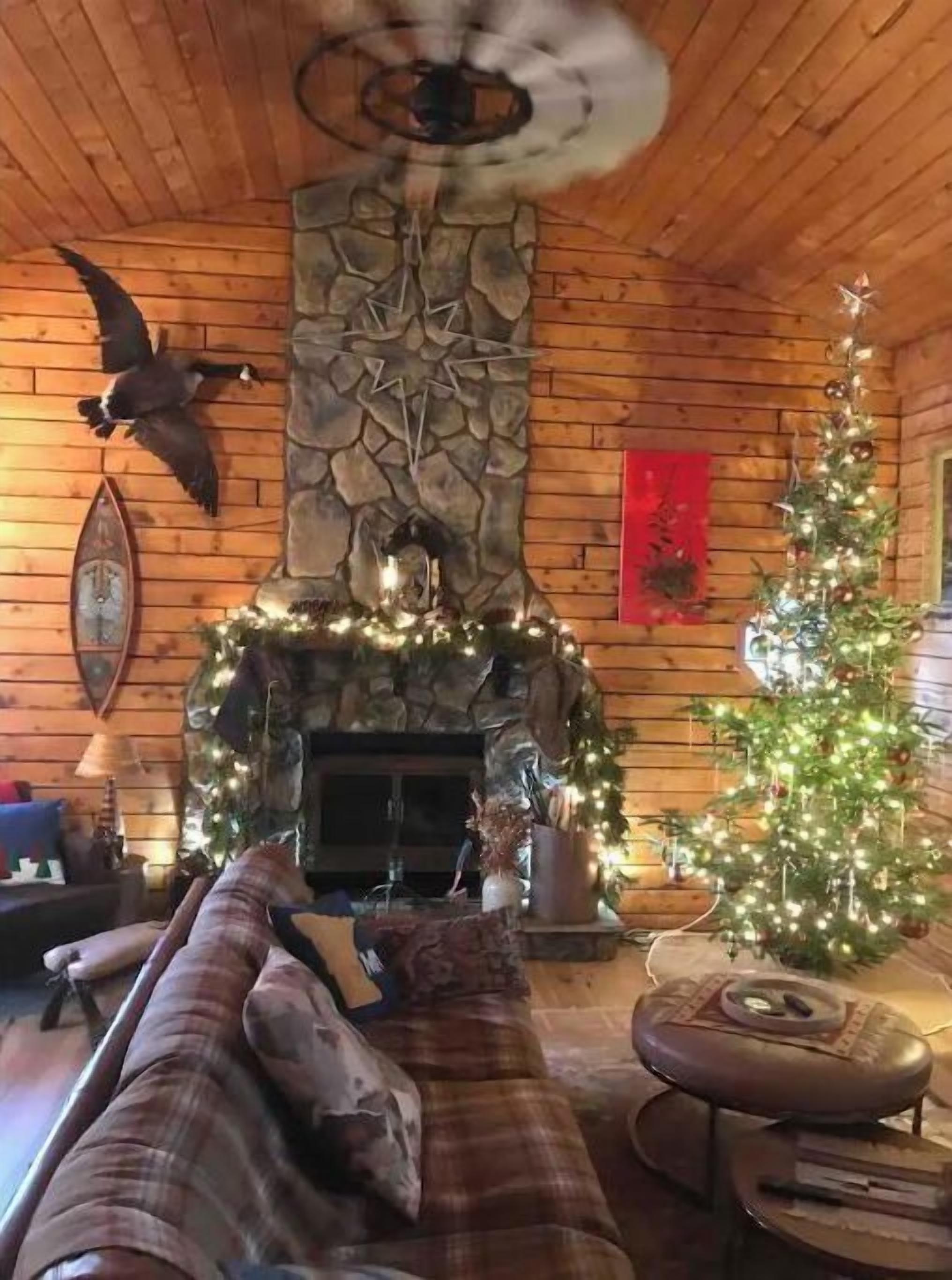 Un salon chaleureux avec une cheminée, un sapin de Noël et un canapé.