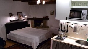 Une chambre avec un lit, un petit coin cuisine, une cheminée et un porte-ustensiles suspendu.