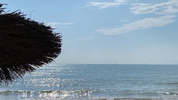 Ein Strand mit blauem Himmel und ruhiger See.