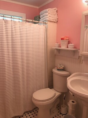 Combined shower/tub, hair dryer, towels, soap