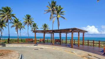 A wooden gazebo with benches, palm trees, and a beach view.