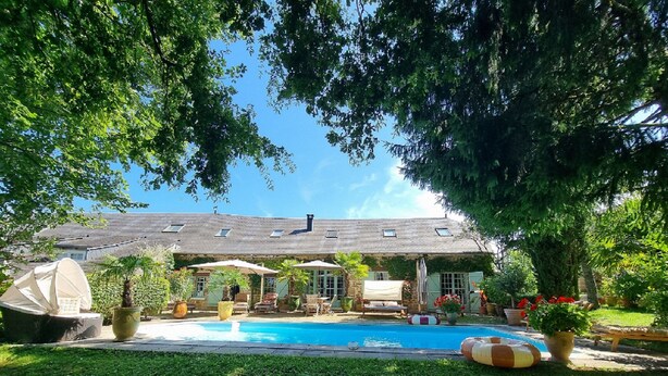 Um quintal com piscina, móveis de jardim e plantas em vasos.