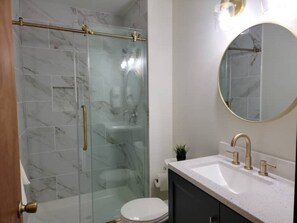Combined shower/tub, hair dryer, toilet paper