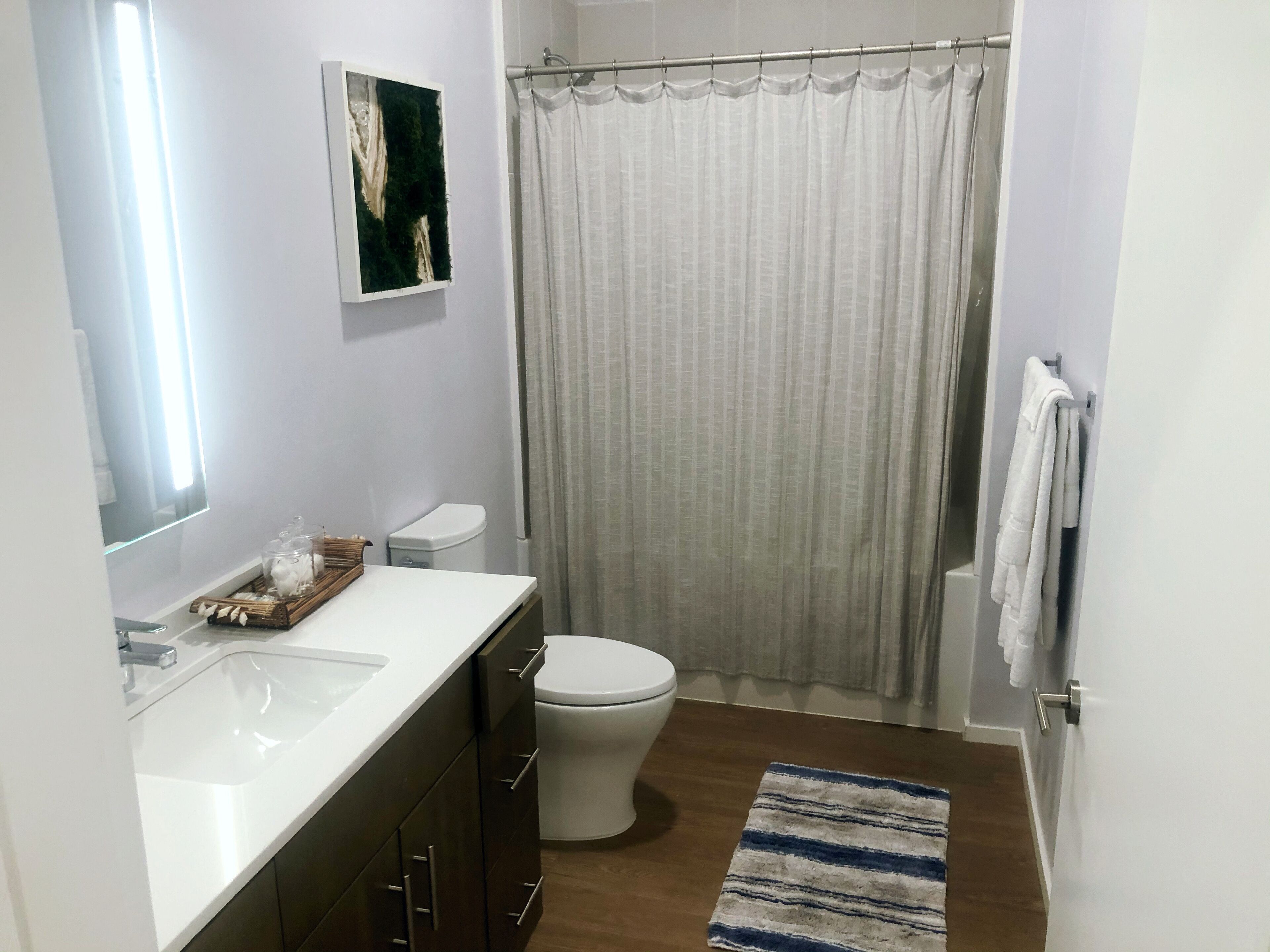 Een badkamer met een wit wastafel, donkere kastjes, een toilet, een douchegordijn en een gestreept tapijt.