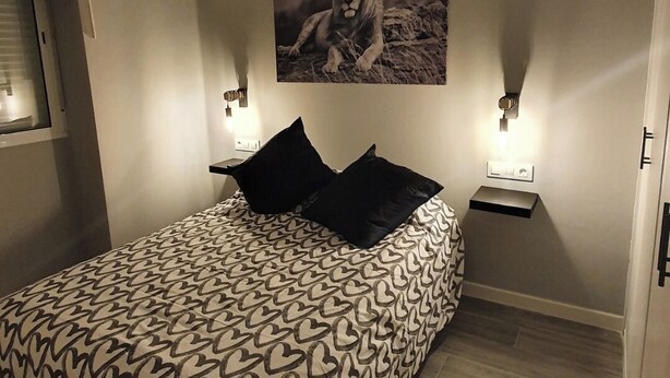 Un dormitorio con una colcha estampada, un aire acondicionado instalado en la pared, un cuadro de un león colgado y lámparas de noche.