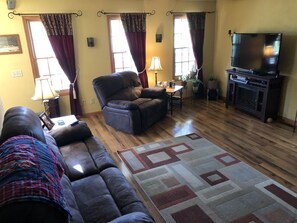 Smart TV, fireplace, video games, DVD player