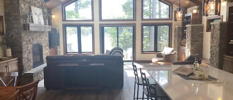 Smart TV, fireplace, books, video library