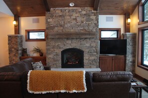 Smart TV, fireplace, books, video library