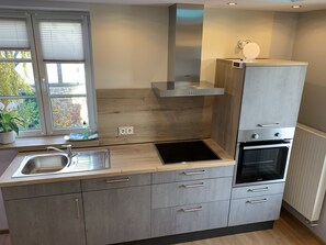 Fridge, microwave, oven, stovetop