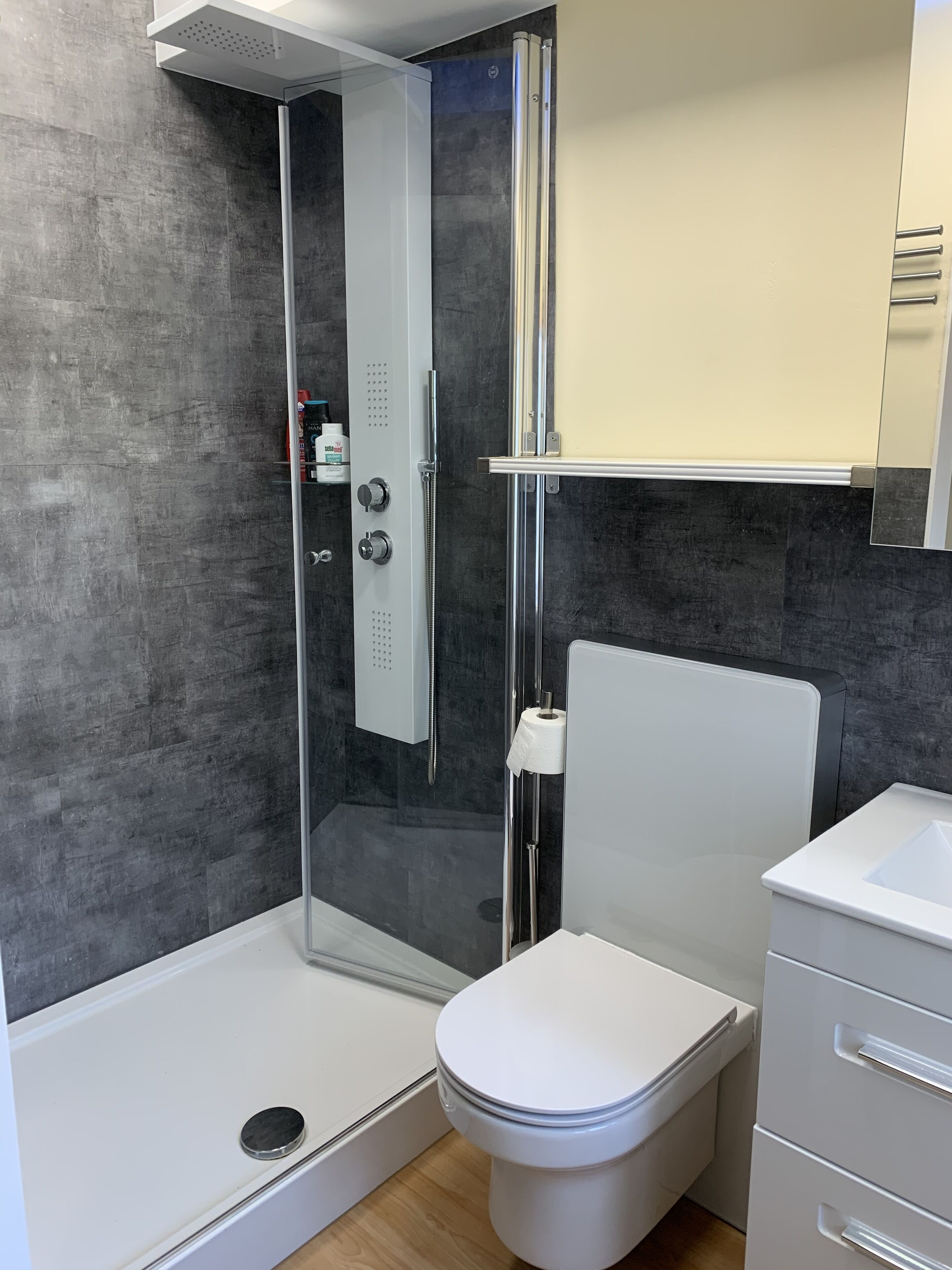 Une salle de bain moderne avec une douche à parois de verre, des toilettes blanches et un meuble-lavabo avec des tiroirs.