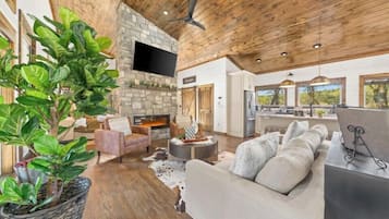 Smart TV, chimenea y libros