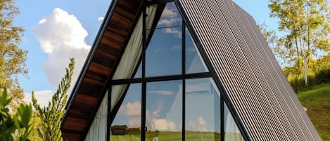 A modern, triangular-shaped building with large windows, surrounded by greenery.