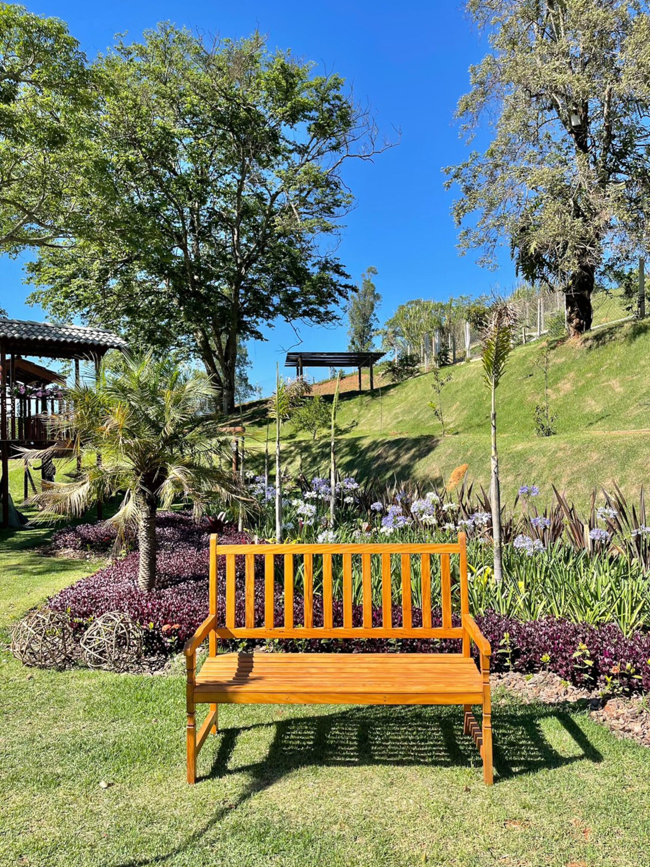 A wooden bench in a garden with a pergola, palm trees, and flowering plants.
