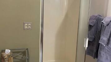 Shower, jetted tub, hair dryer, towels