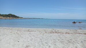 En strand med hvidt sand og roligt vand, en klar himmel og en grøn bakke i det fjerne.