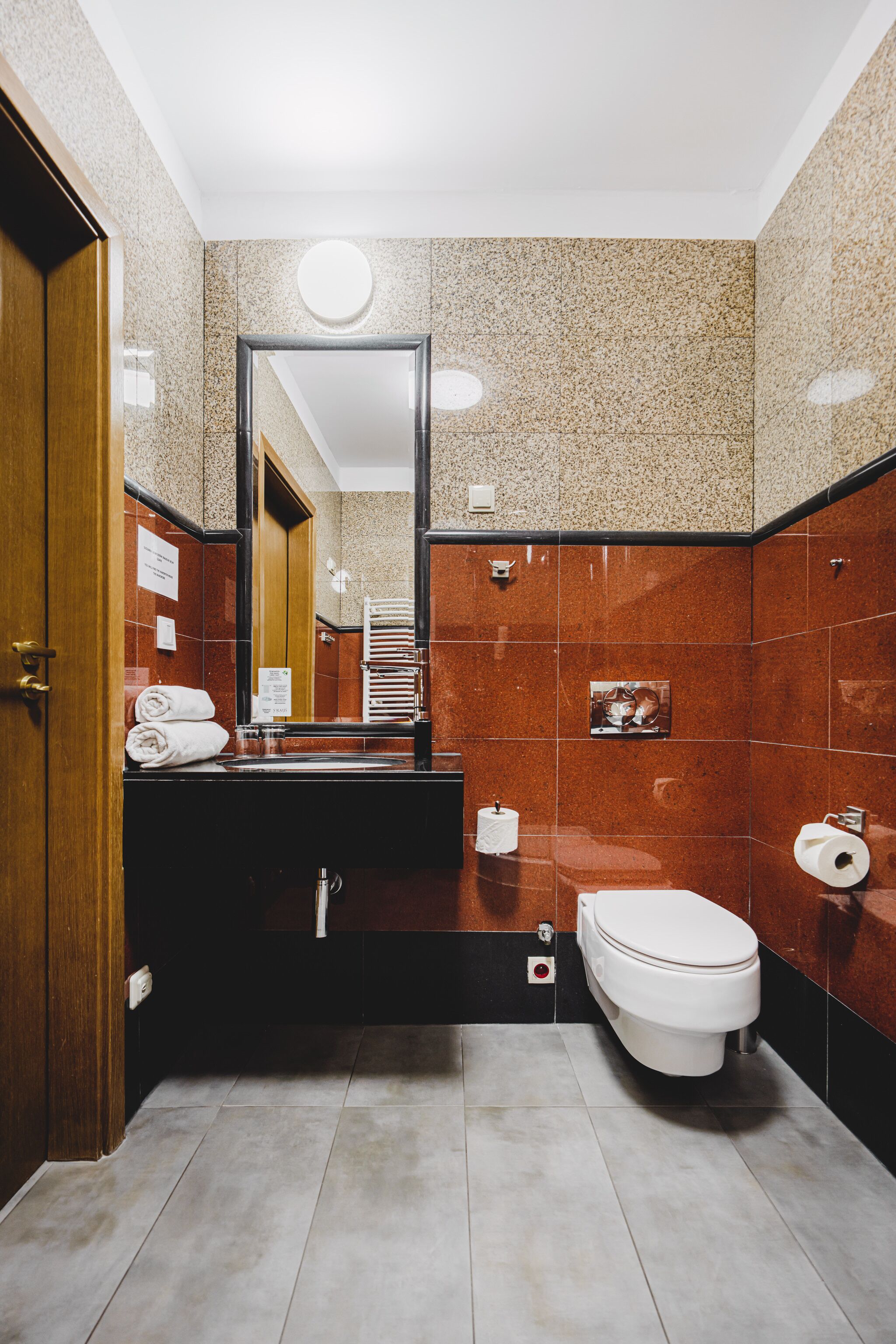 A modern bathroom with a wooden door, a sink with a mirror, a toilet, and a towel rack.