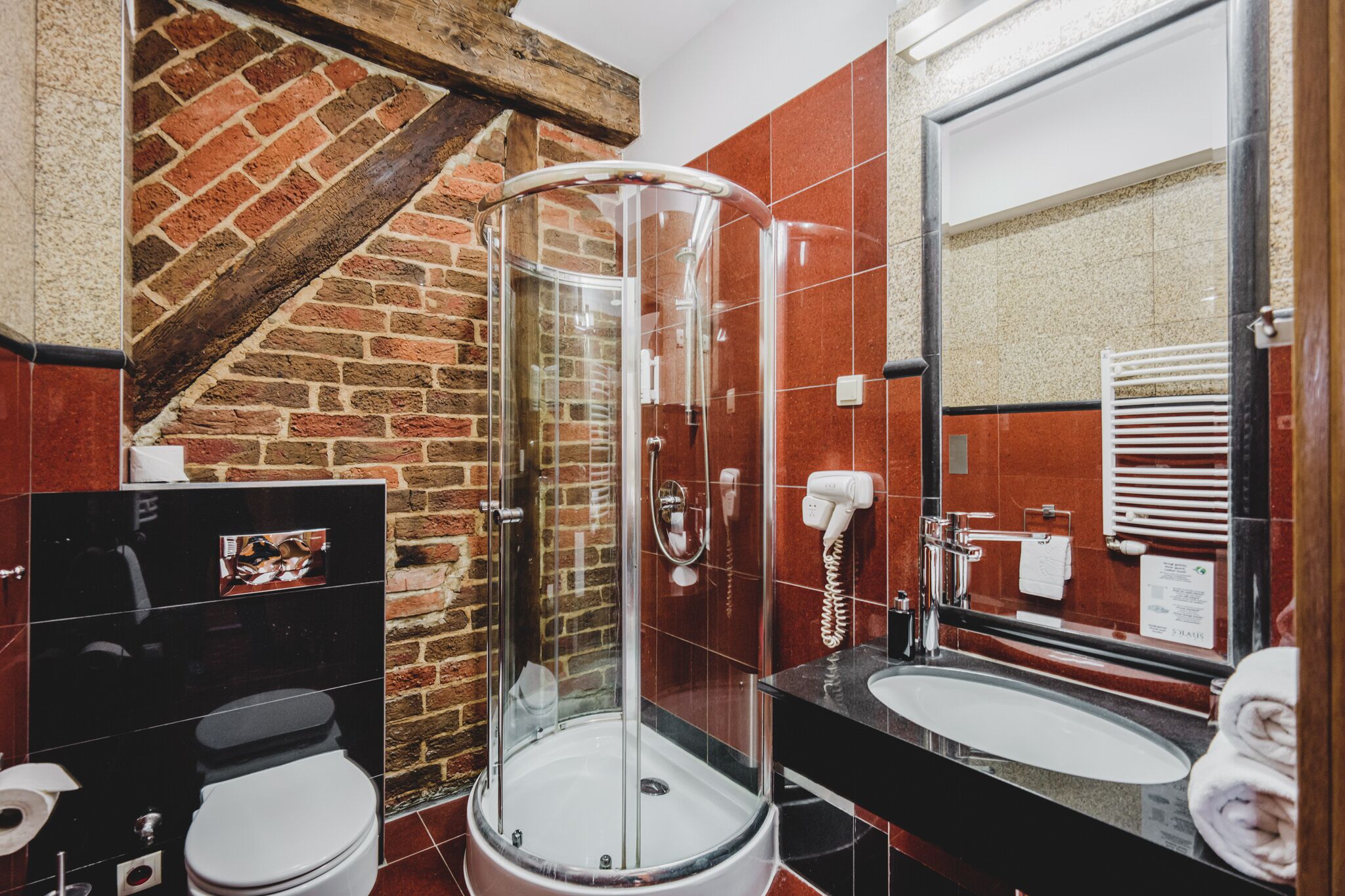 A bathroom with a glass-enclosed shower, a black sink, and a white toilet.