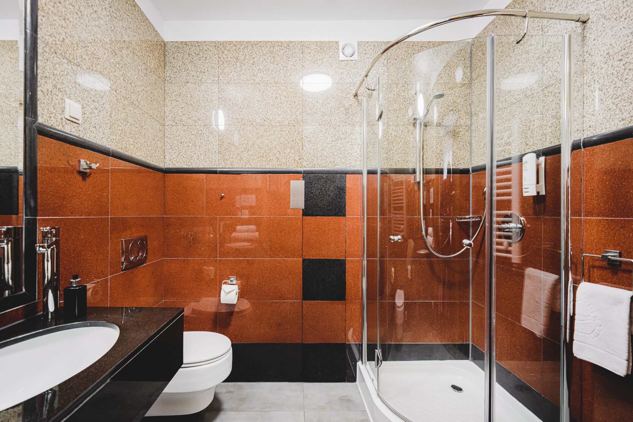 A modern bathroom with a glass-enclosed shower, a white toilet, and a black countertop sink.