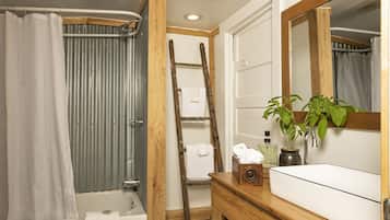 Combined shower/bathtub, hair dryer, towels