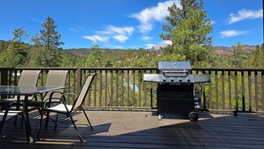 Eine Terrasse mit Grill und Stühlen mit Blick auf eine bewaldete Landschaft.
