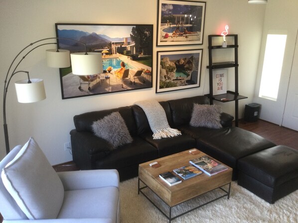 Smart TV, fireplace, books