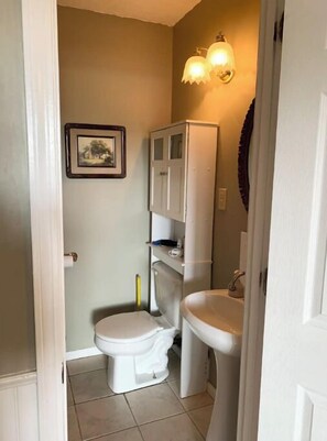 Shower, jetted bath, hair dryer, towels