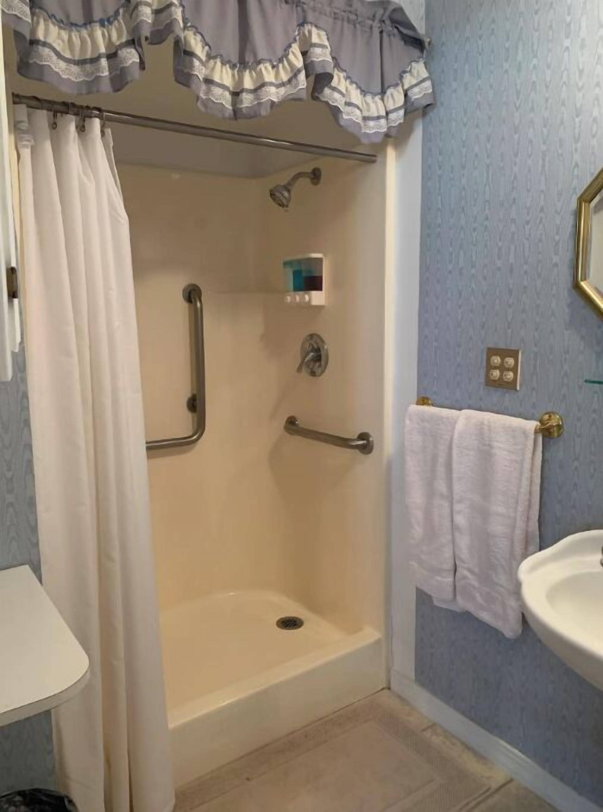 Shower, jetted tub, hair dryer, towels