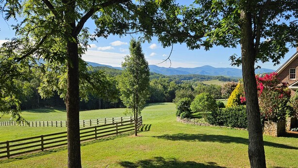 A rural landscape with a grassy field, trees, and a stone wall. -  Loft apartment in a working horse barn.  Minutes from Lexington and the  VAHC. (Lexington)