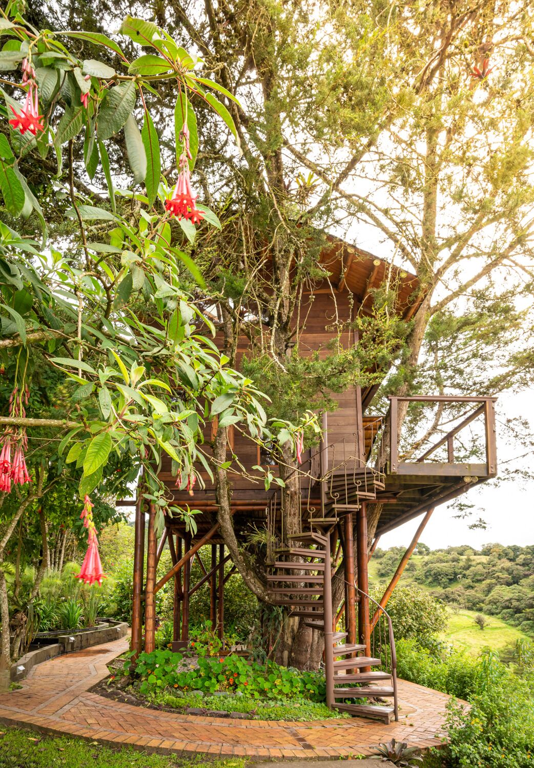 Una casa en el árbol de madera con escalera espiral, rodeada de follaje exuberante y flores rojas colgantes.