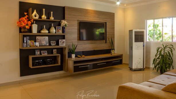A modern living room with a flat-screen TV, built-in shelves, and a large potted plant. - Hostel Santa Rita (Santa Rita De Cassia)