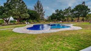 A swimming pool with a curved design, surrounded by a grassy lawn and trees.