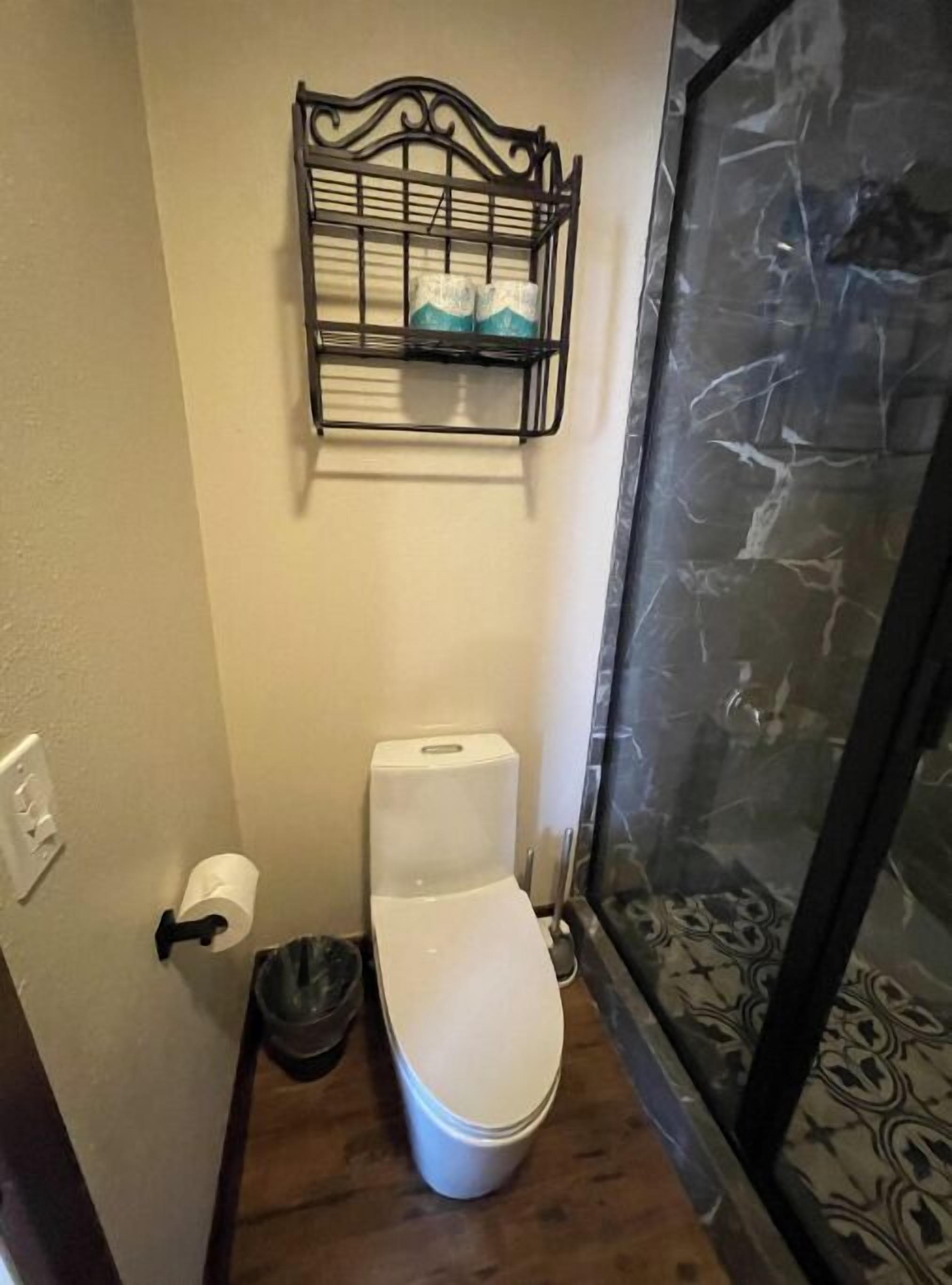 A bathroom with a toilet, a toilet paper holder, a metal shelf with shoes, and a shower with a patterned tile floor.